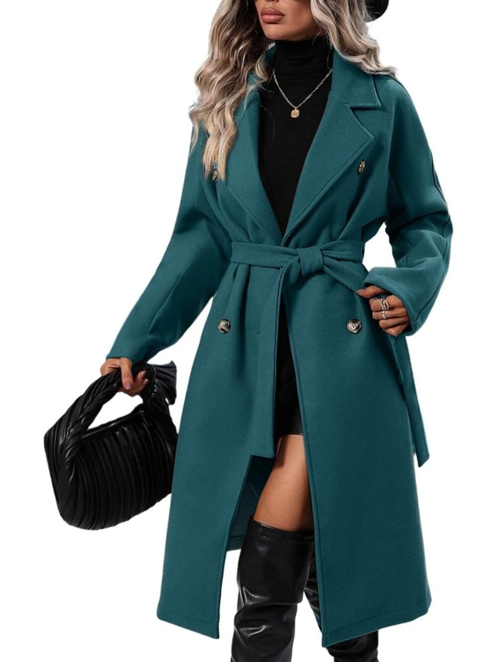 Womens Teal Wool Blend Button Down Notch Lapel Long Double-Breasted Trench Coat